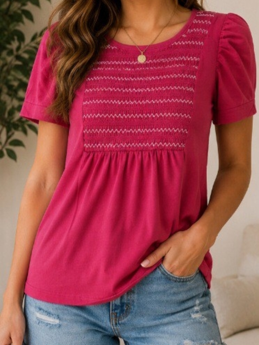 Bright Pink Smocked Puff Sleeve Top | Feminine Casual Blouse